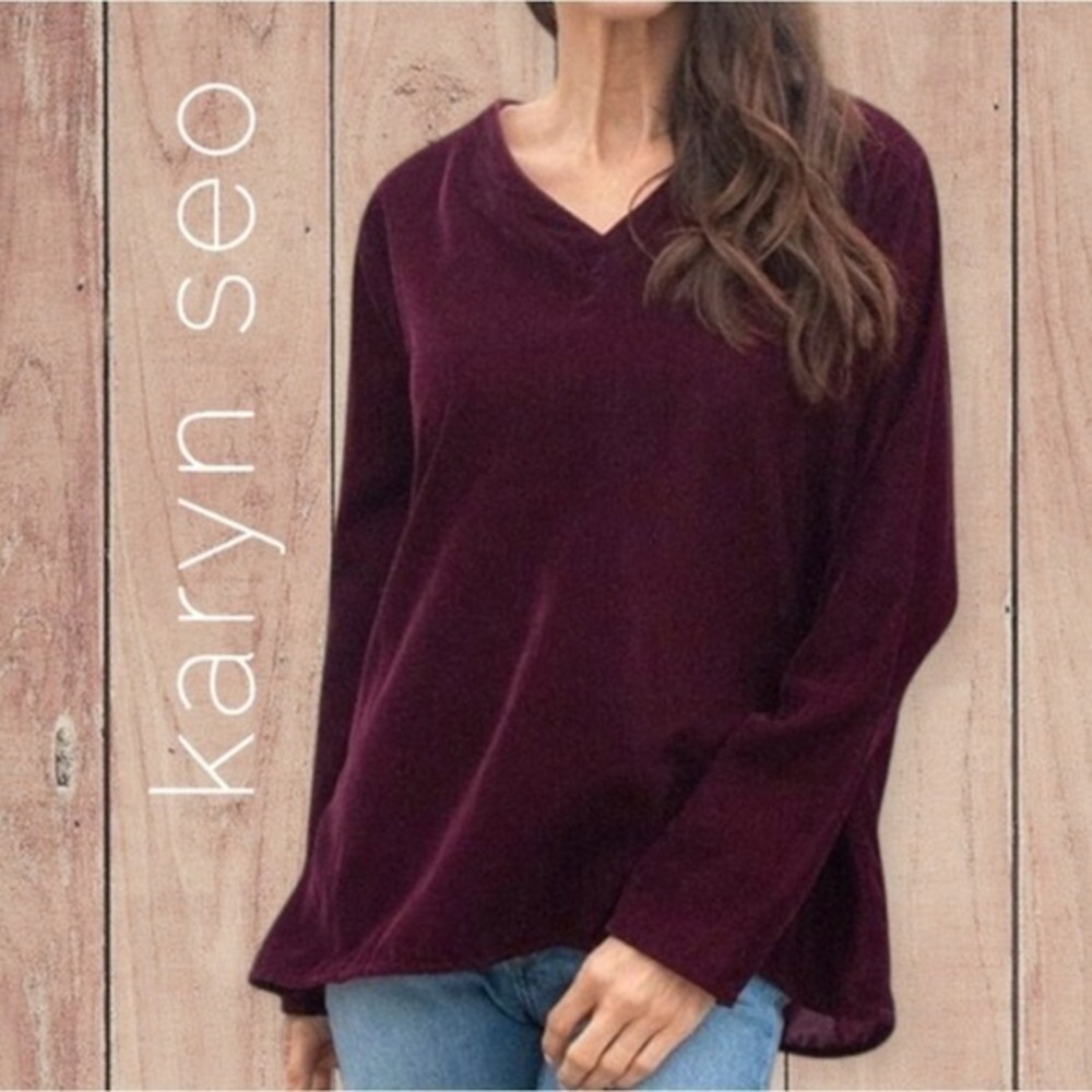 Karyn‎ Seo Velvet V-Neck Tunic Women Long Sleeve Relaxed Burgundy Medium